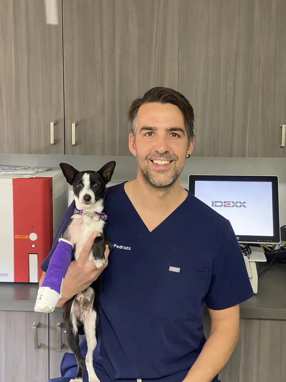 Dr. Antonio Pedraza holding a small dog with a bandaged front leg at Sevilla Veterinary Hospital
